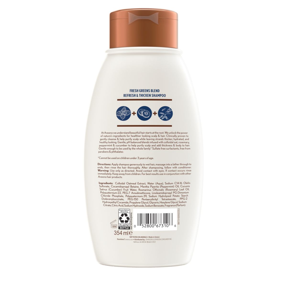 Back of pack shot of Aveeno® Fresh Greens Blend Refresh & Thicken Shampoo for Thin/Fine Hair, 12 fl oz