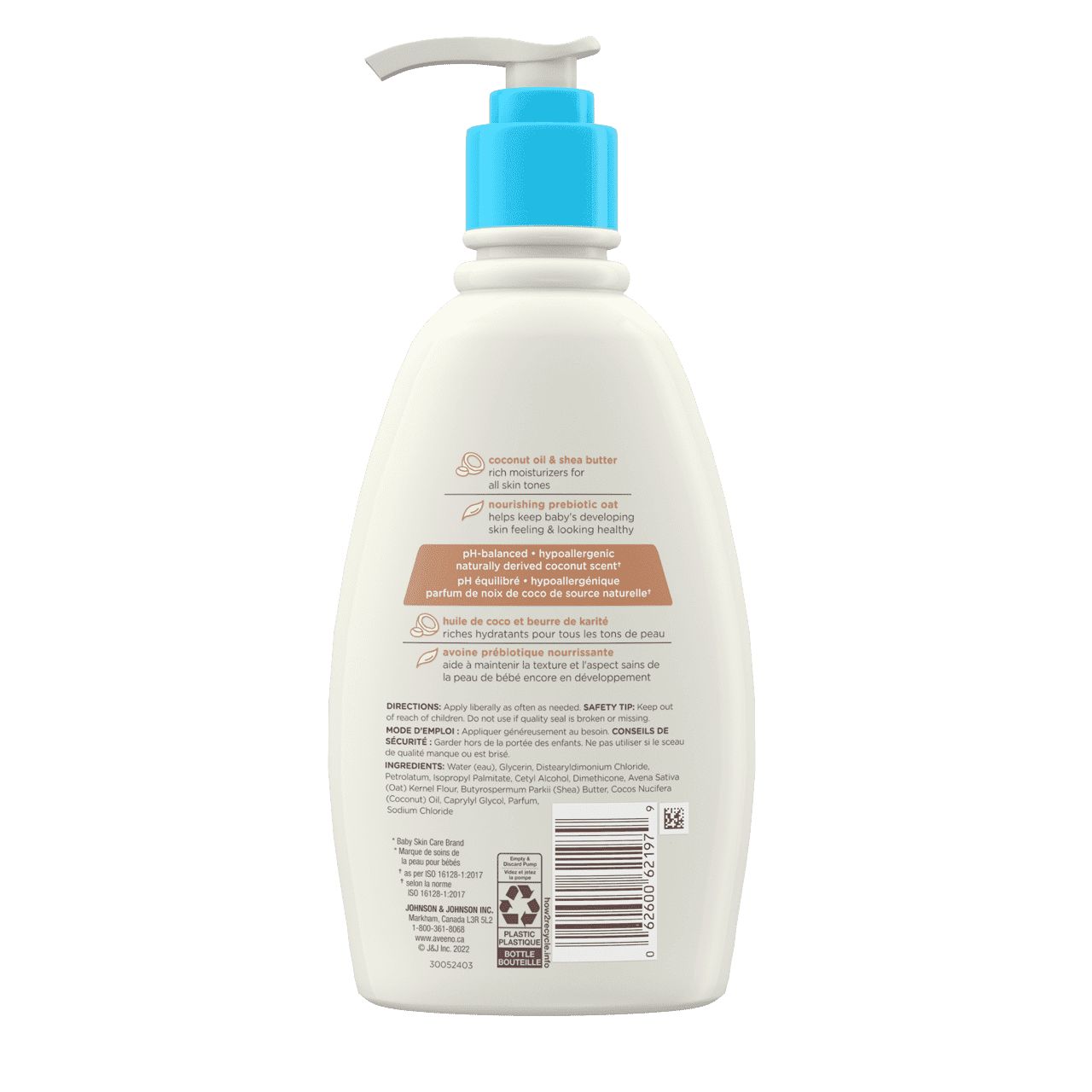 Vue arrière de la crème quotidienne pour bébés Aveeno®, huile de coco et beurre de karité