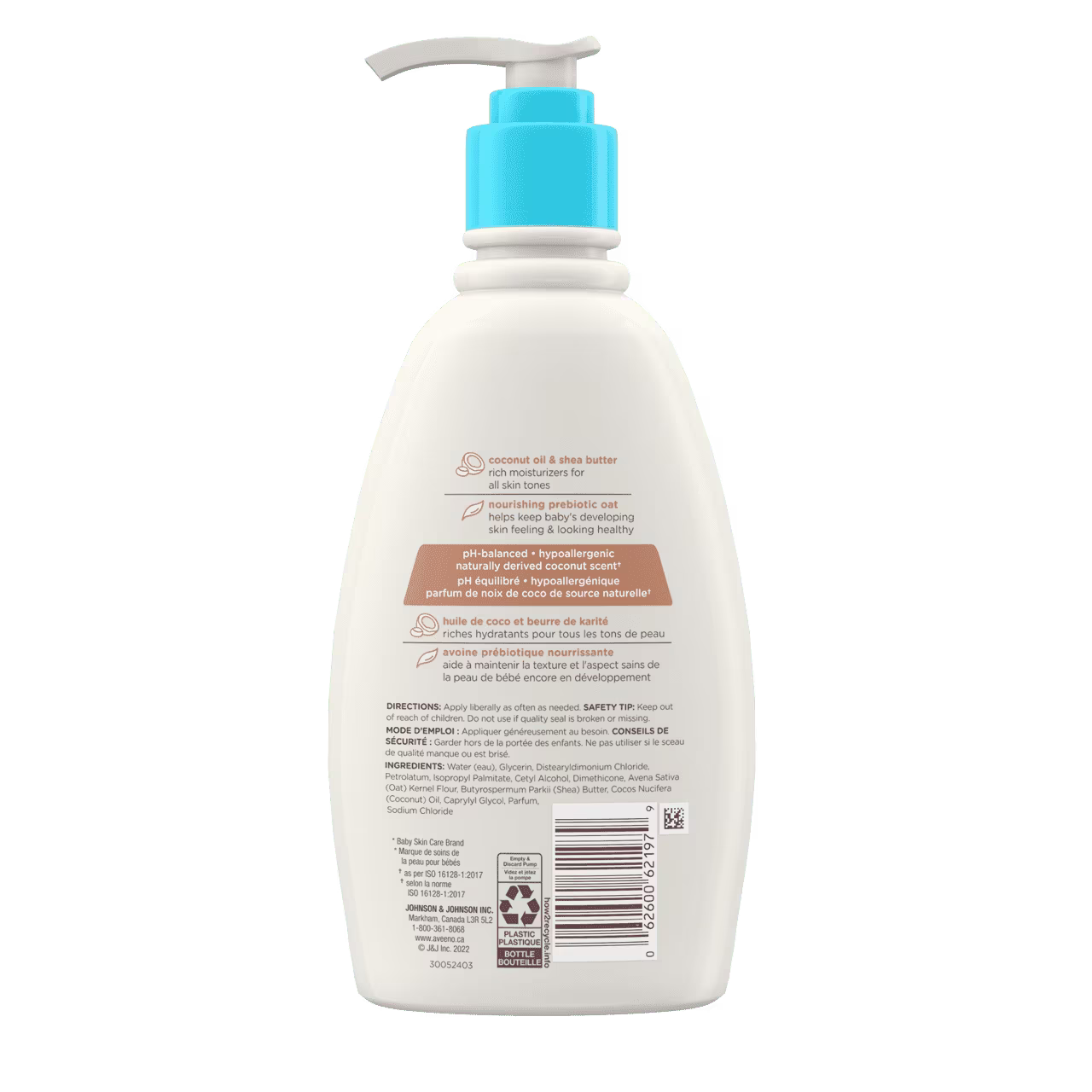 Vue arrière de la crème quotidienne pour bébés Aveeno®, huile de coco et beurre de karité