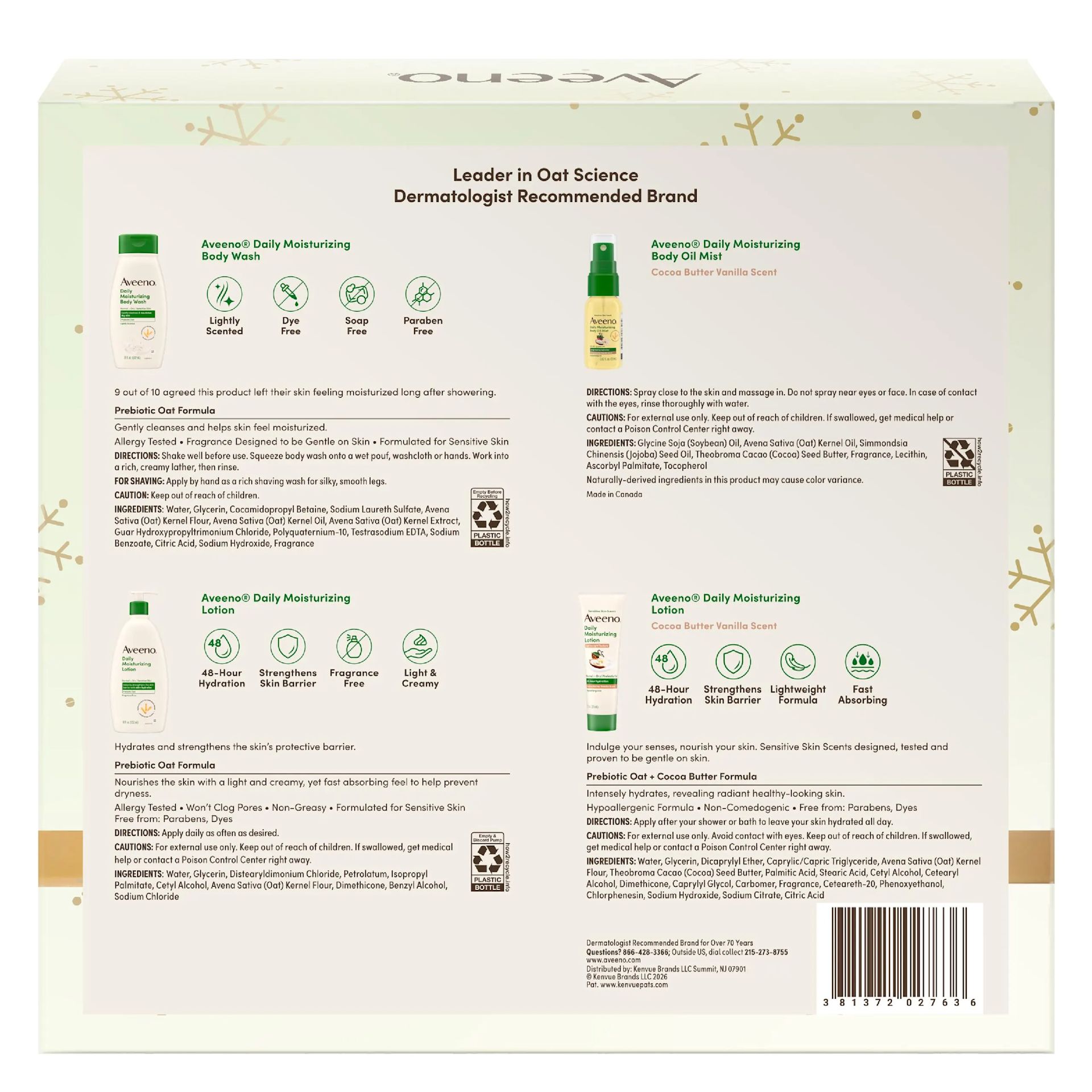 Back Pack shot of Aveeno® Daily Moisture Favorites + New Cocoa Butter Vanilla Gift Set