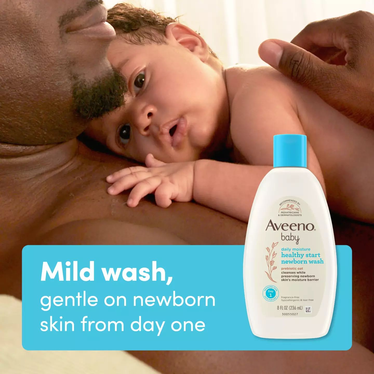 Daily Moisture Healthy Start Newborn Wash - Image 3 - Aveeno A man holding a baby against his chest