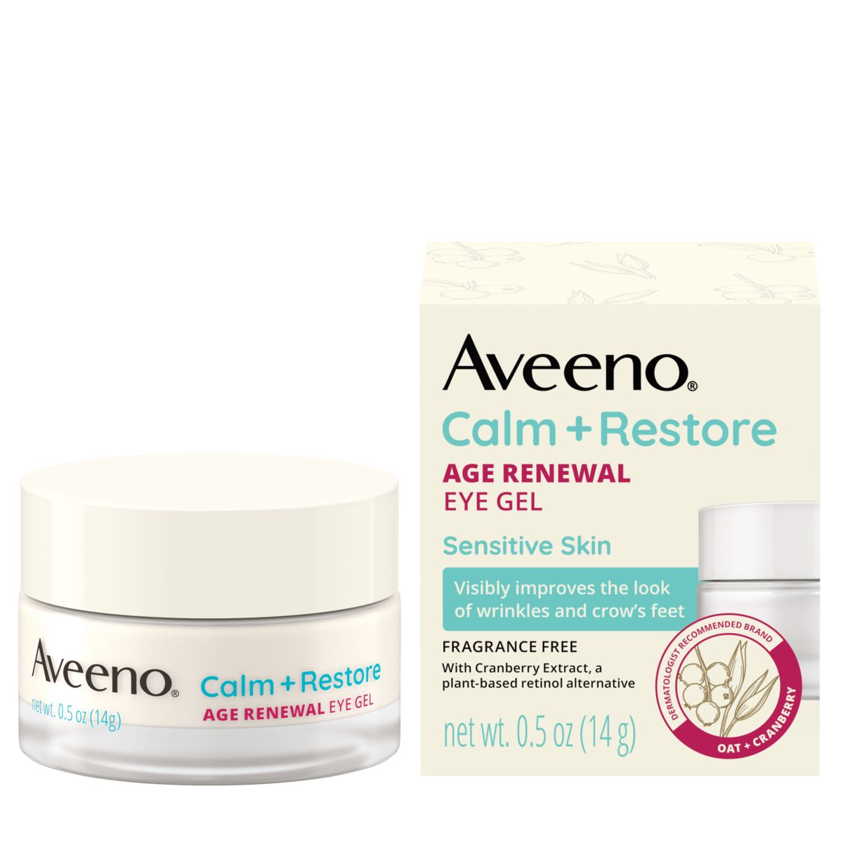 Front pack shot of Aveeno® Calm + Restore® Age Renewal Eye Gel for Sensitive Skin