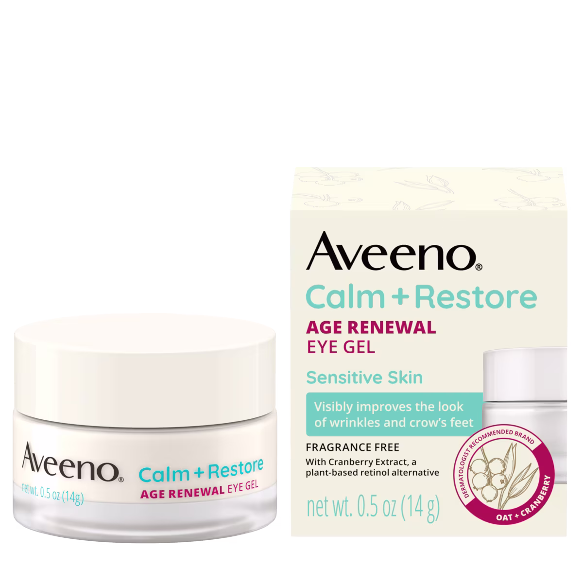 Front pack shot of Aveeno® Calm + Restore® Age Renewal Eye Gel for Sensitive Skin