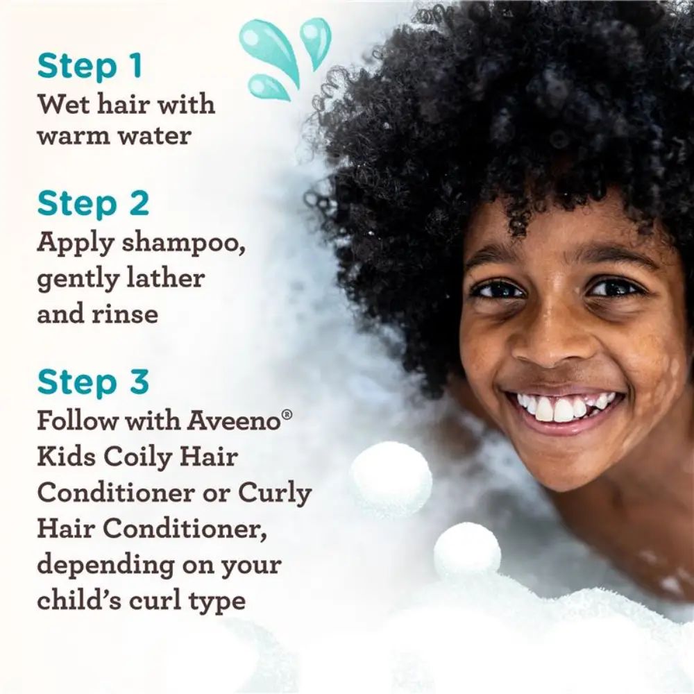 Smiling child with curly hair enjoys bath time with bubbles + 3 Steps of hair wash text