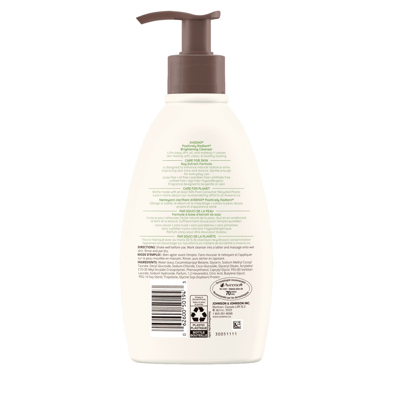Arrière du flacon de 325 ml du nettoyant clarifiant AVEENO® Positively Radiant®