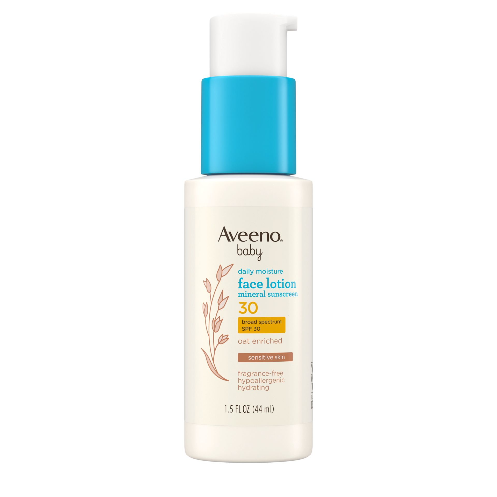 Front pack shot of Aveeno® Baby Daily Moisture Face Lotion & Mineral Sunscreen, SPF 30