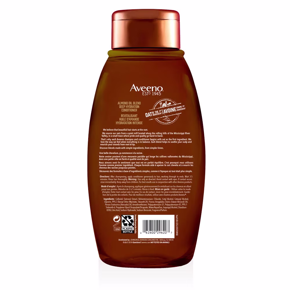 Arrière du flacon de 354 ml du revitalisant à l’huile d’amande AVEENO® Hydratation intense