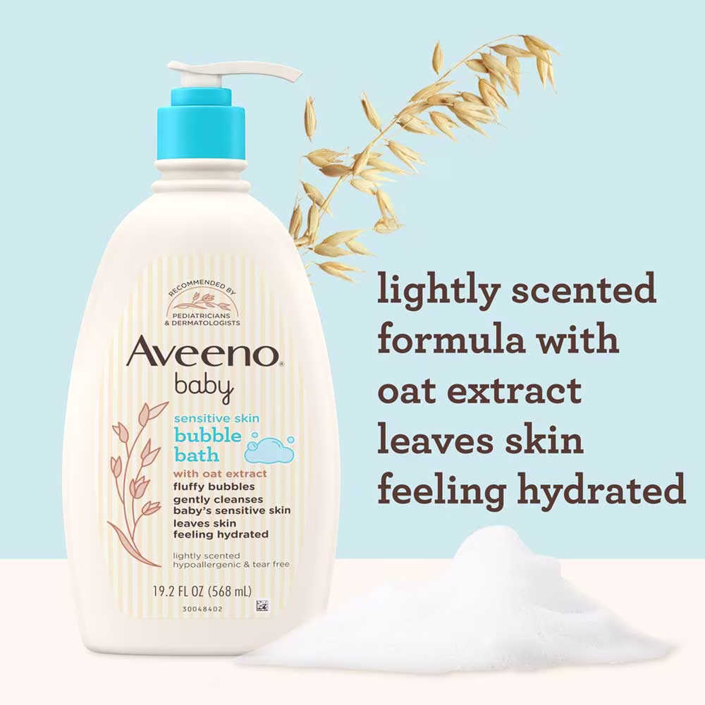 Aveeno® baby bubble bath lightly scented formula with oat extract leaves skin feeling hydrated