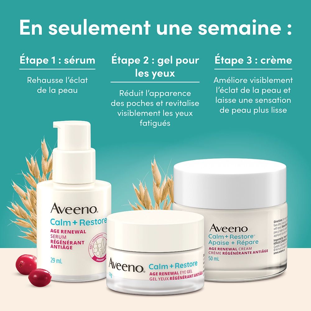 JS4452-AV-CR-AgeRenewalEcommTiles-FRA-4000x4000-3 Photo du devant du sérum, du gel pour les yeux et de la crème pour le visage AVEENO® Calm + Restore