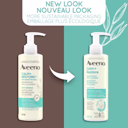 Old and new packaging of AVEENO® Calm + Restore Nourishing Oat Cleanser, 232mL pump bottle, with text 'new look'