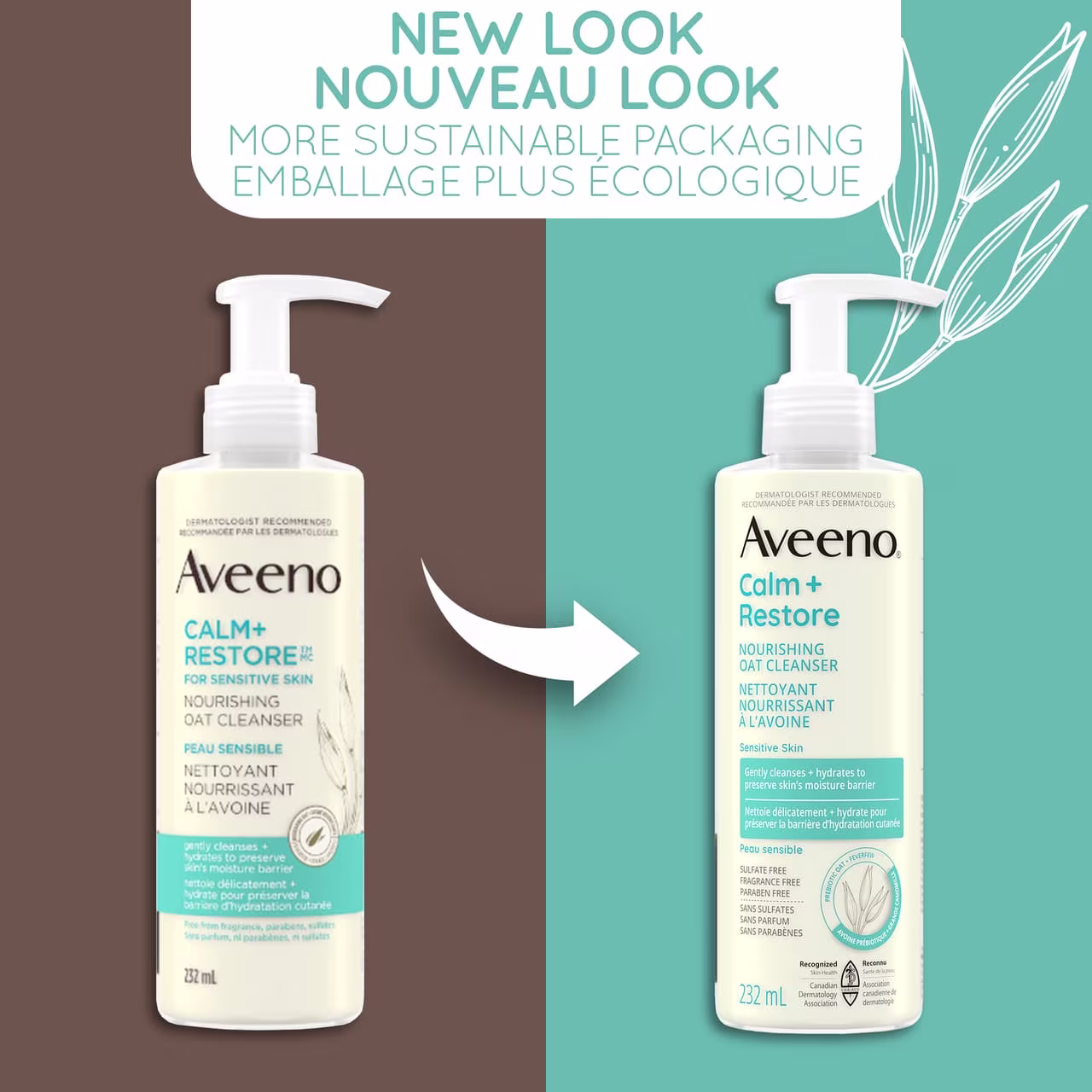 Old and new packaging of AVEENO® Calm + Restore Nourishing Oat Cleanser, 232mL pump bottle, with text 'new look'