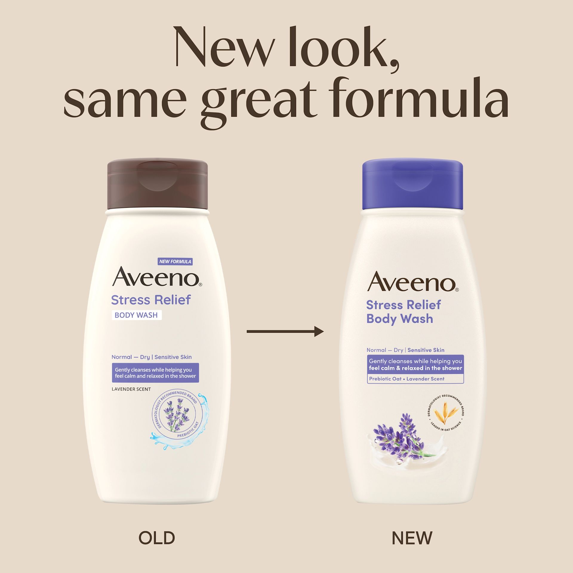 US AVE Captain Packaging Transition Images 3300x3300 Stress Refief Body Wash 18oz Original Aveeno® Stress Relief Oat Body Wash, Lavender Scent - New Look, same great formula