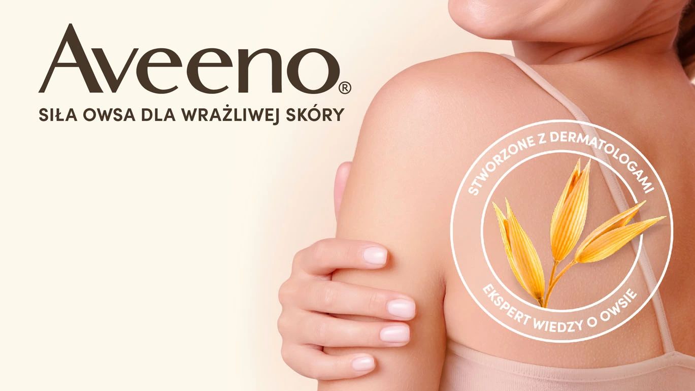 Aveeno – siła owsa dla wrażliwej skóry – widok na ramię modelki – Pieczęć z owsem i tekstem „opracowane z dermatologami” oraz „lider w badaniach nad owsem”