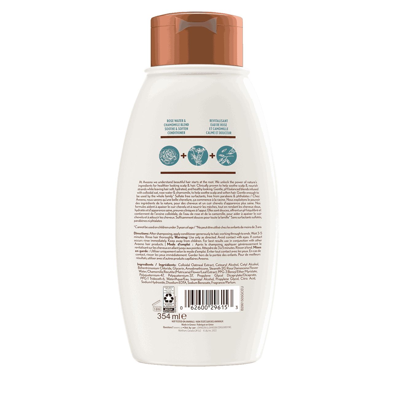 Revitalisant AVEENO® Eau de rose et camomille, Panneau arrière du Flacon de 354 ml