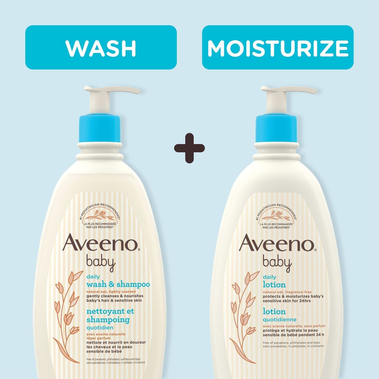 Flacons-pompe de 532 ml chacun du nettoyant et shampooing quotidien, et de la lotion quotidienne AVEENO® pour bébés