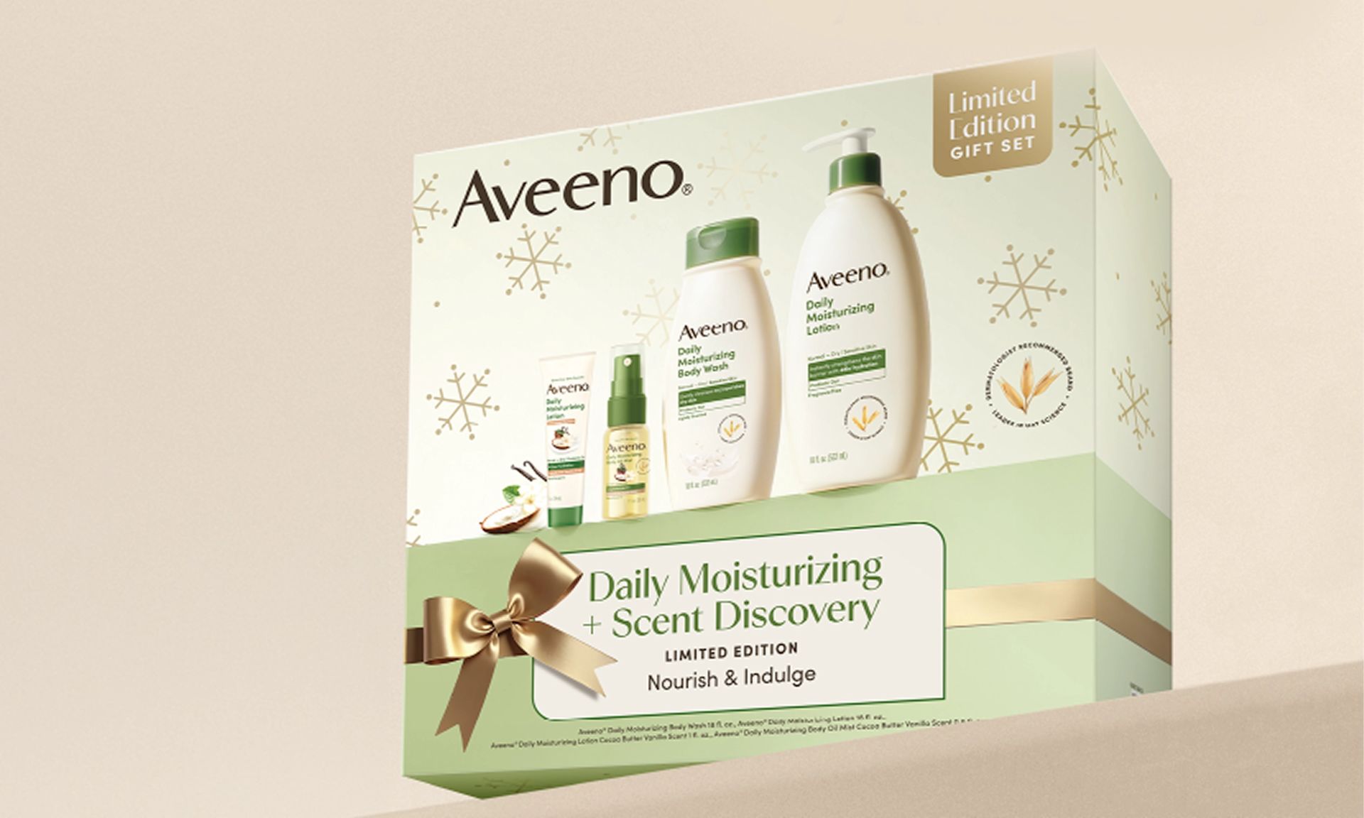  Aveeno® Daily Moisture Favorites + New Cocoa Butter Vanilla Gift Set on shelf with beige background