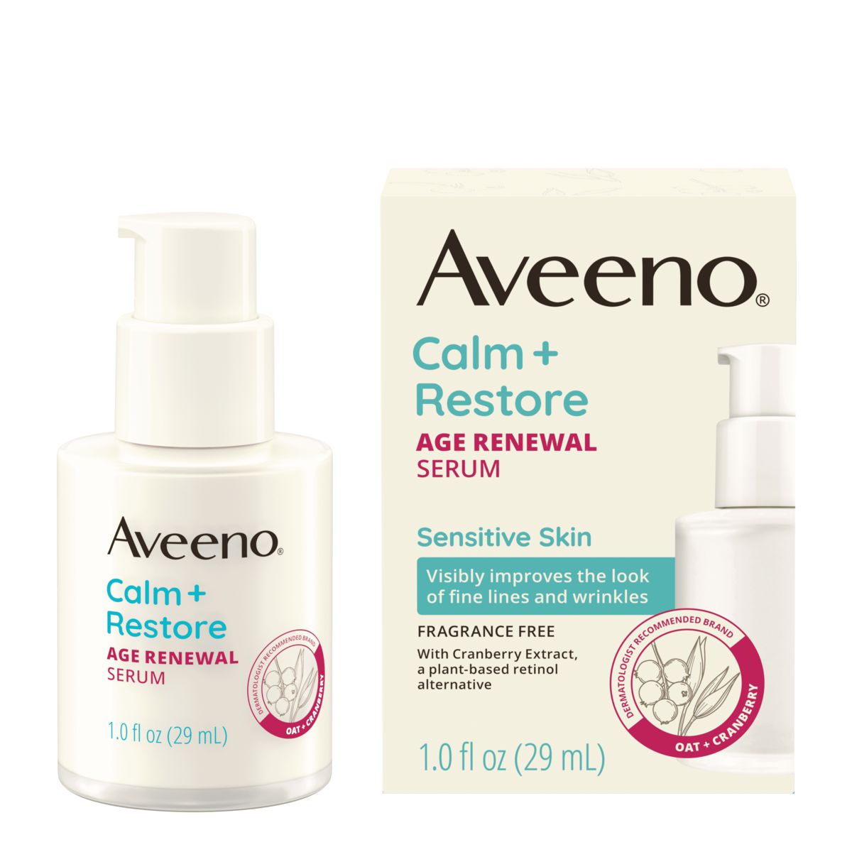 Front pack shot of Aveeno® Calm + Restore® Age Renewal Serum for Sensitive Skin