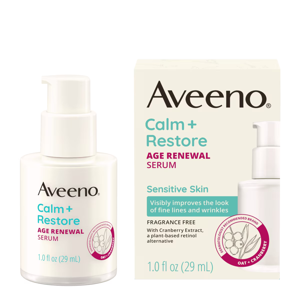 Front pack shot of Aveeno® Calm + Restore® Age Renewal Serum for Sensitive Skin