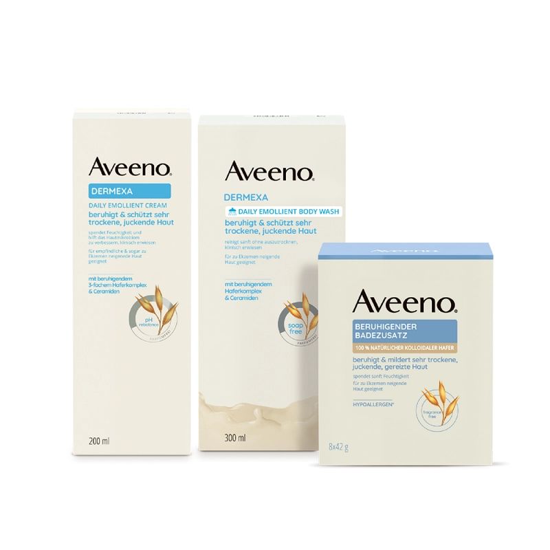 Rad Aveeno® Dermexa – Starostlivosť o veľmi suchú, svrbiacu pokožku so sklonom k  ekzému. Aveeno® Dermexa Emolienčný telový krém, Aveeno® Dermexa Emolienčný sprchovací gél,  Aveeno® Upokojujúci ovsený kúpeľ