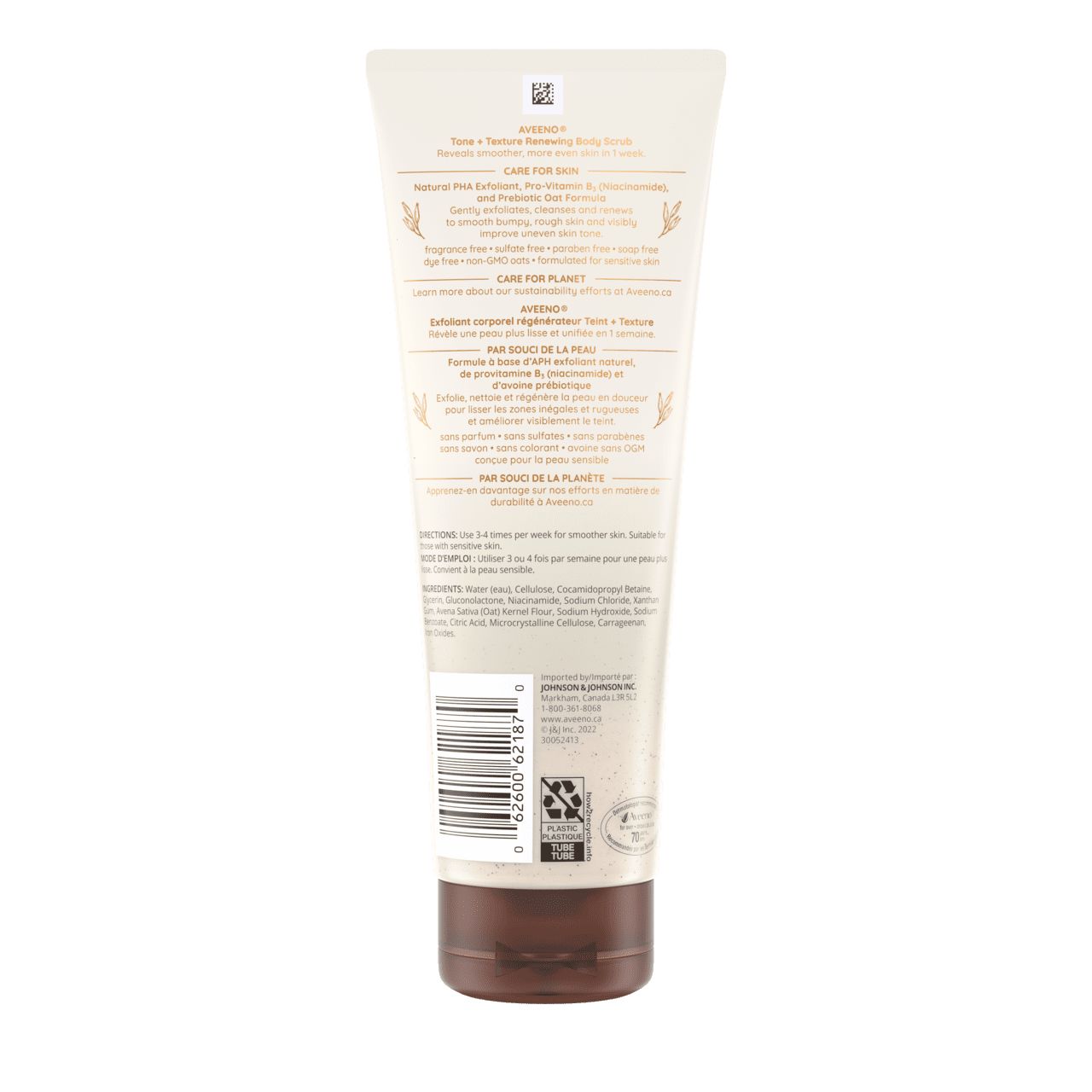 Arrière du tube de 227 g de l’exfoliant corporel régénérateur Teint + Texture Aveeno®