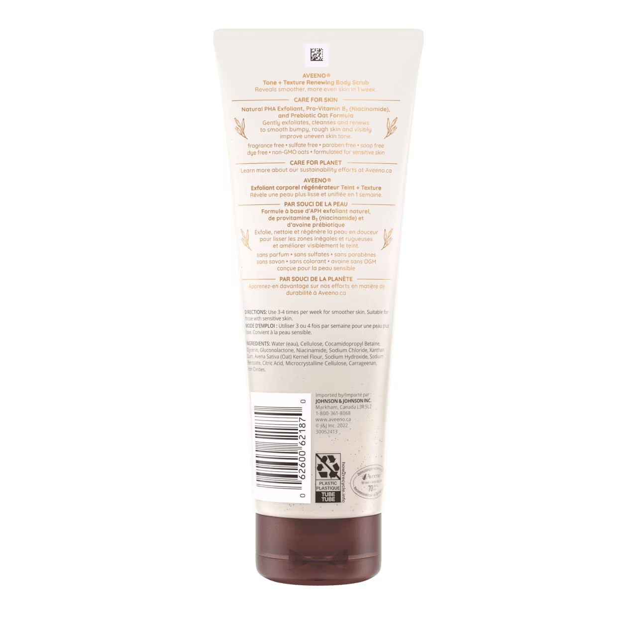 Back Shot of Tube of Aveeno® Tone + Texture Renewing Body Scrub in 227g