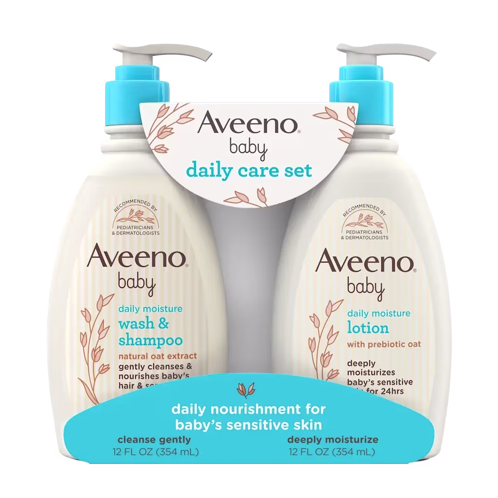 Aveeno® Baby Daily Care Set front of pack shot of Daily Moisture Wash & Shampoo and Lotion
