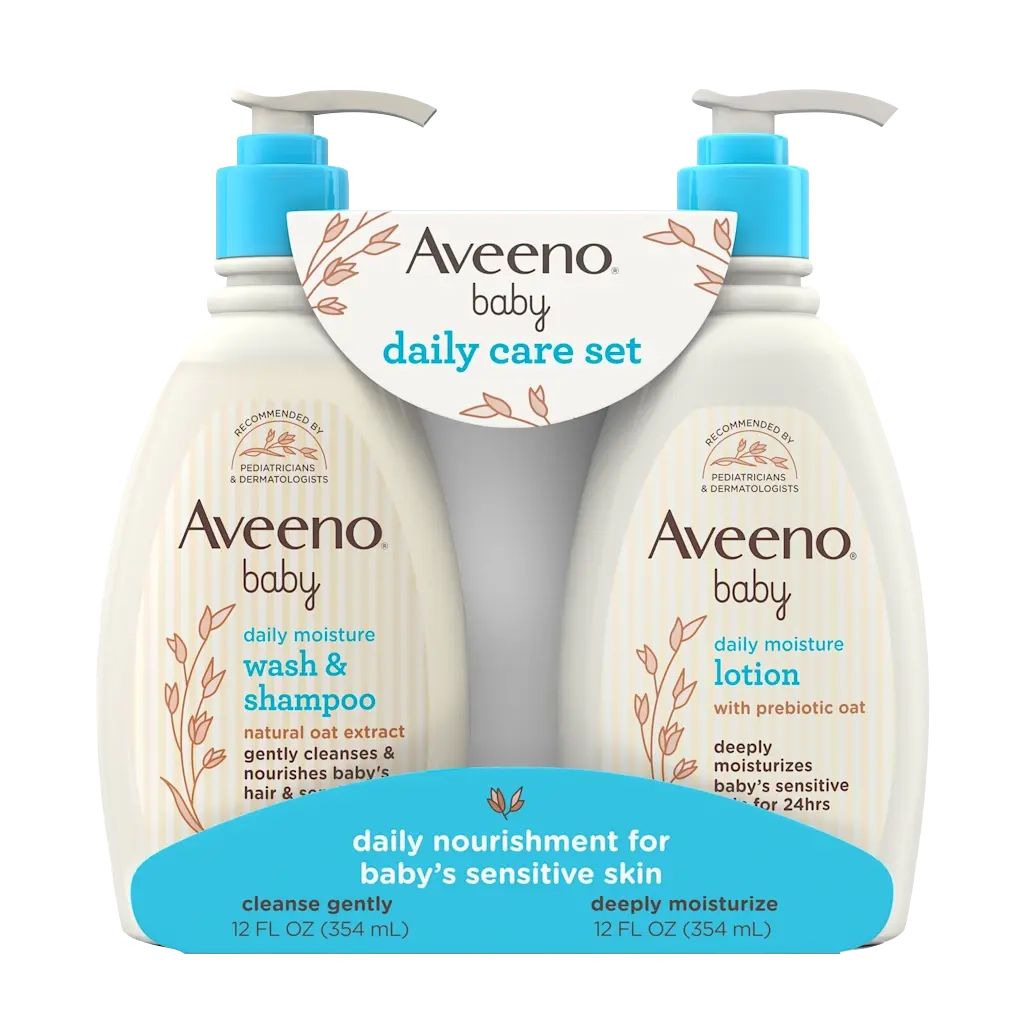 Aveeno® Baby Daily Care Set front of pack shot of Daily Moisture Wash & Shampoo and Lotion