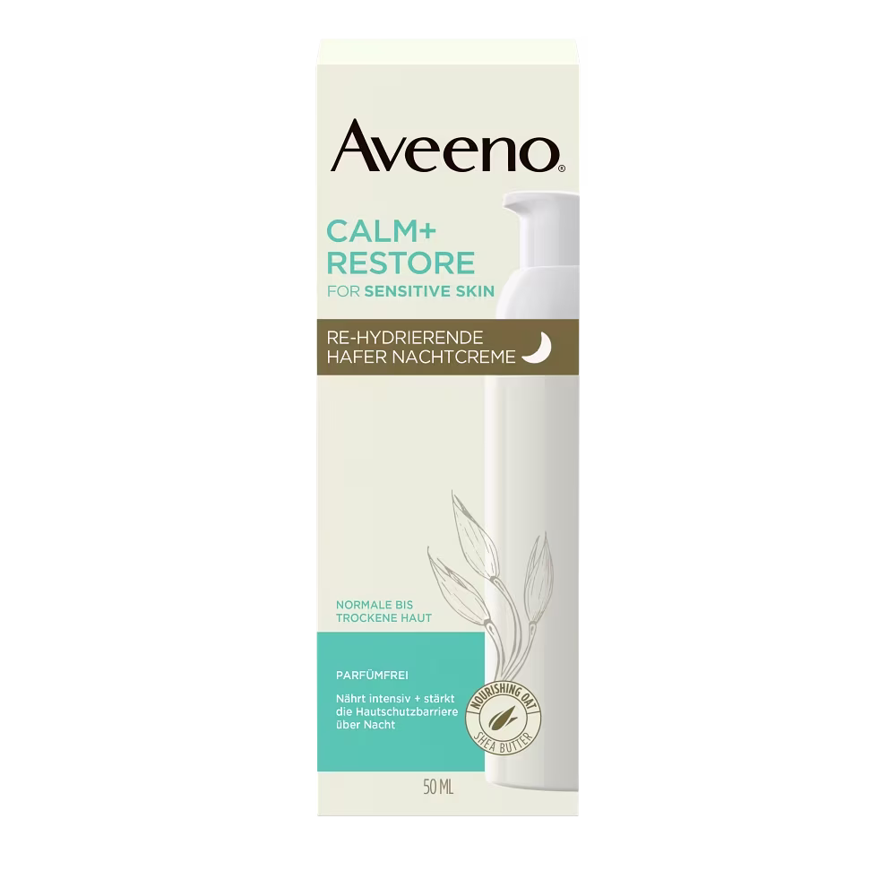 Aveeno C+R Re-Hydrating Night Cream 50 ml carton Aveeno® Calm + Restore™ Re-Hydrierende Hafer Nachtcreme – Verpackung Vorderseite