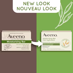 Un ancien et un nouvel emballage du pain hydratant Aveeno, 100 g avec la mention « Nouveau look »