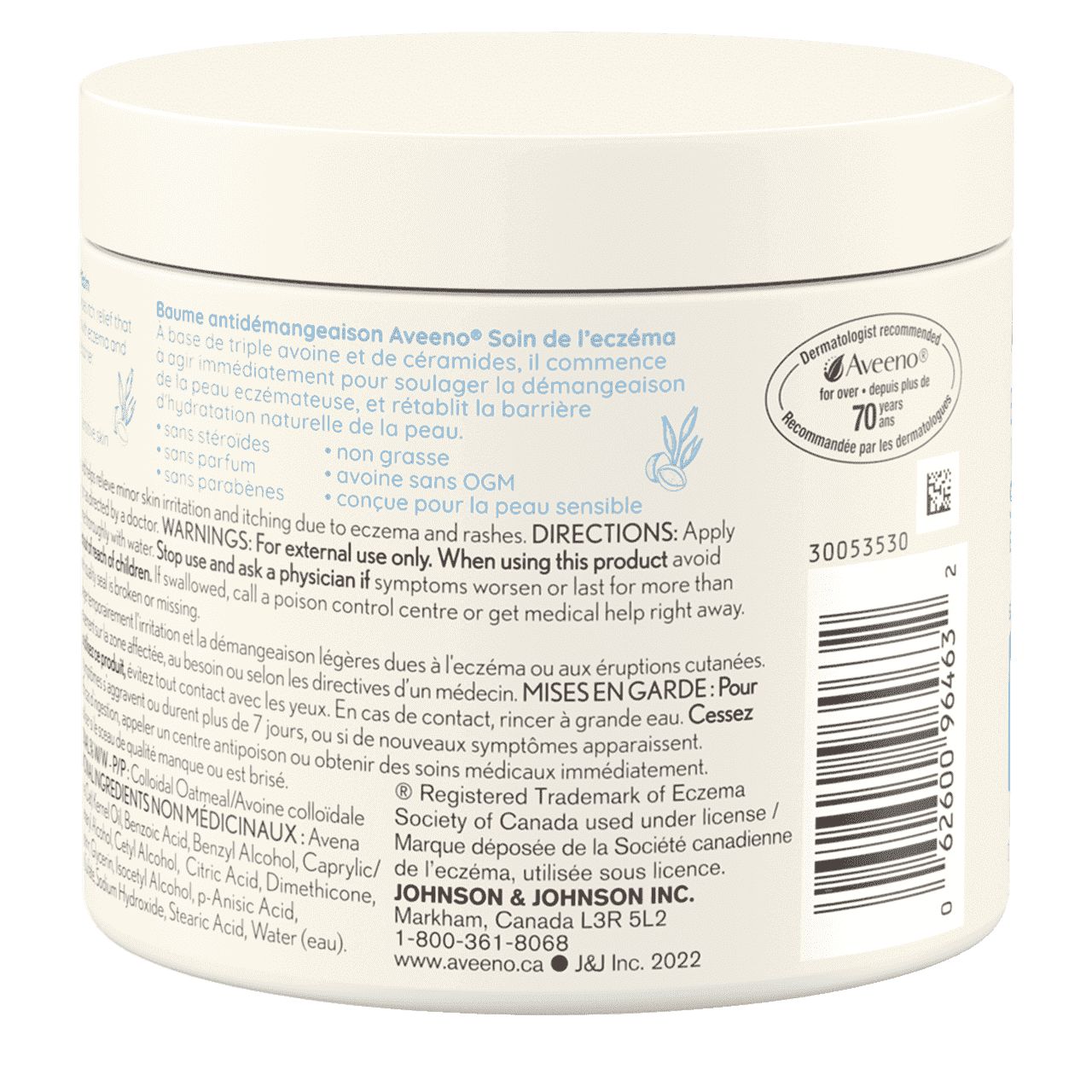 Panneau arrière du pot du baume antidémangeaison AVEENO® Soin de l'eczéma 