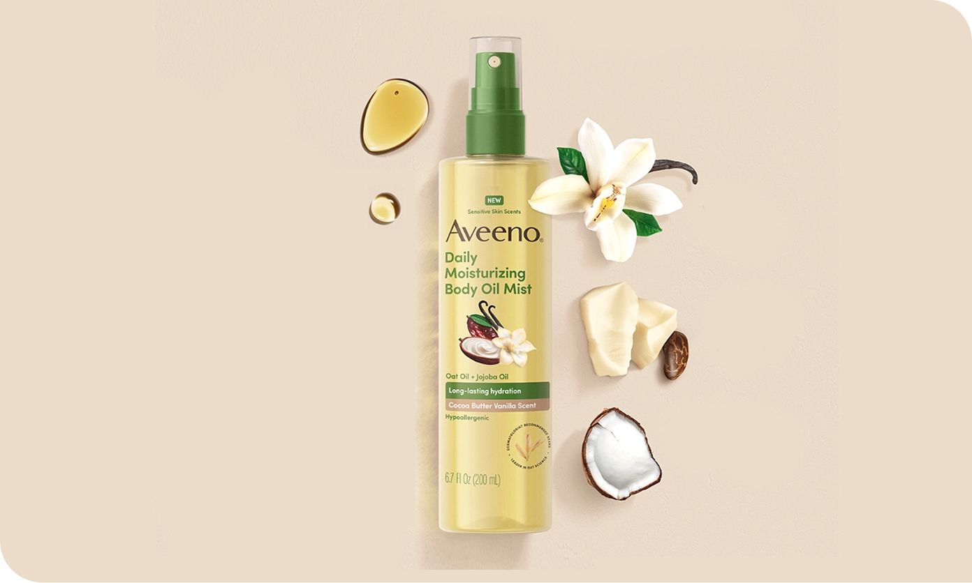 Image featuring Aveeno® Sensitive Skin Scents Daily Moisturizing Body Oil Mist Cocoa Butter Vanilla