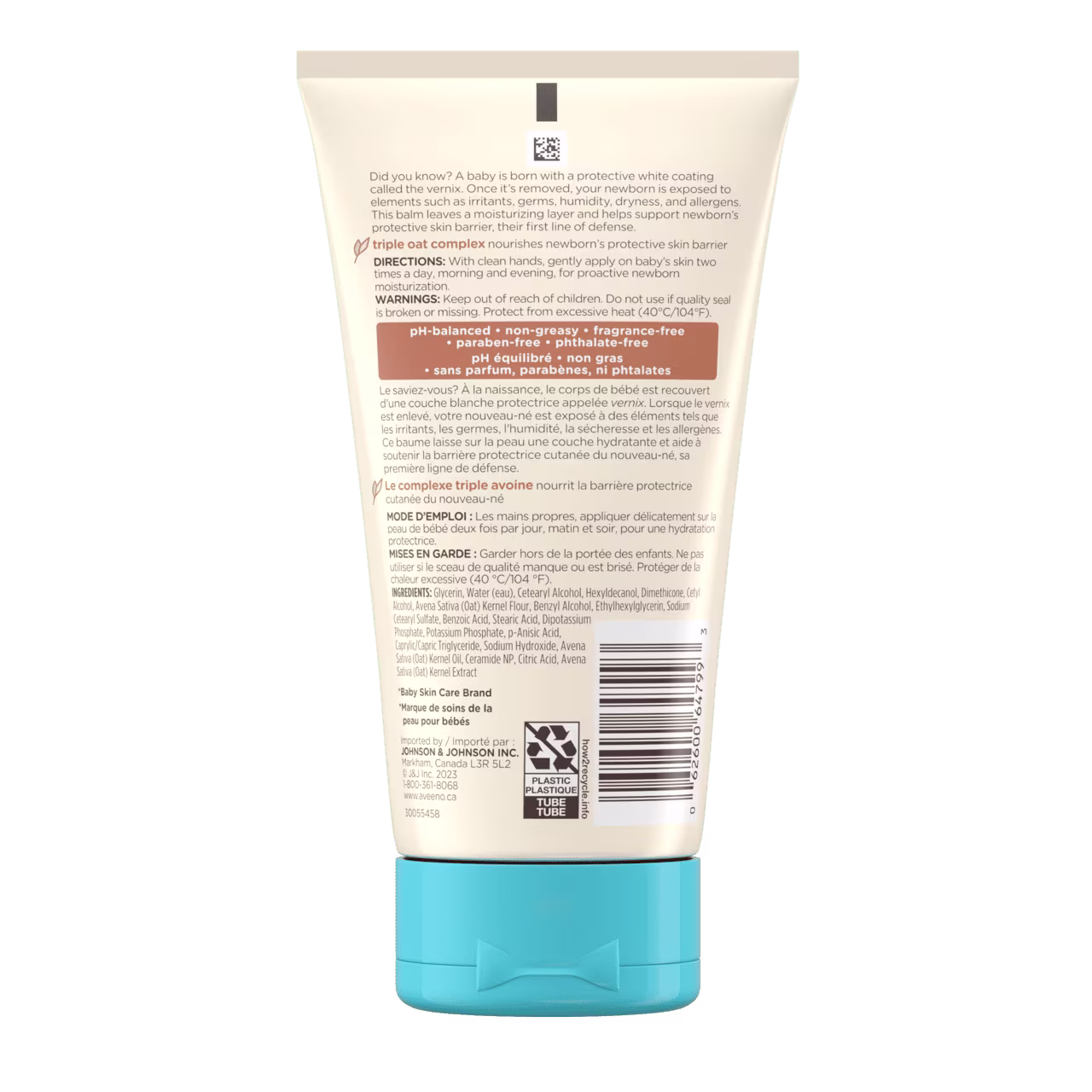 AVE NA CA 62600647993 100064799 DailyHealthyStartNewbornBalm 141g 00180 Back shot of AVEENO® Baby Daily Healthy Start Newborn Balm, Squeeze tube, 141g