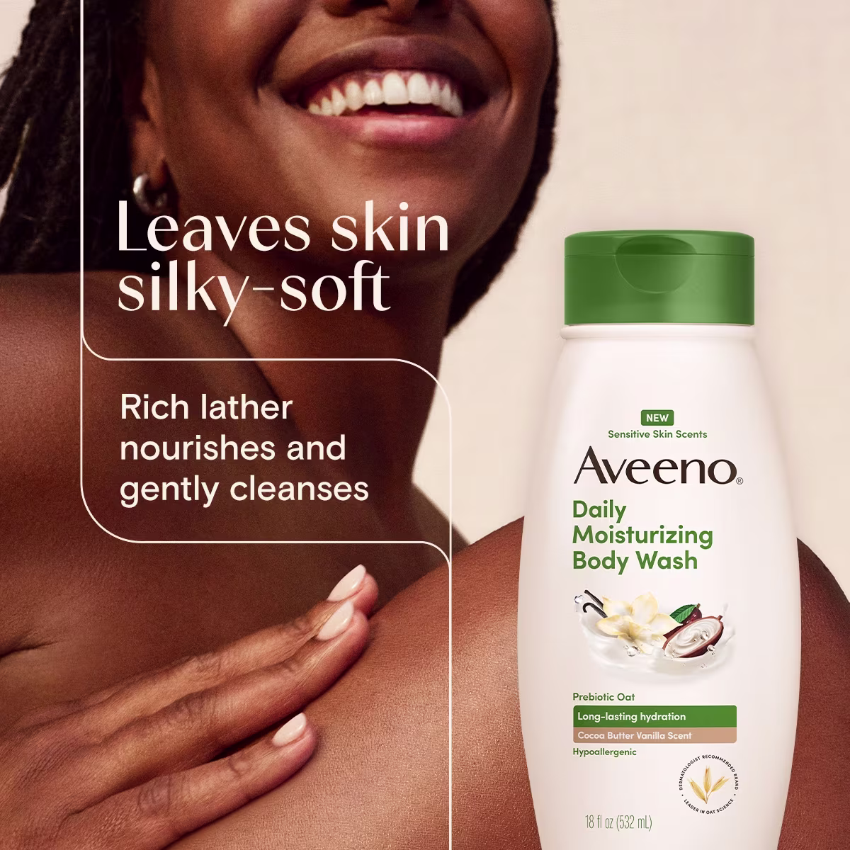 05CocoaButterVanilla BodyWash PDP7 APPLICATION Aveeno® Cocoa Butter Vanilla Body Wash leaves skin silky-soft rich lather nourishes gently cleanses