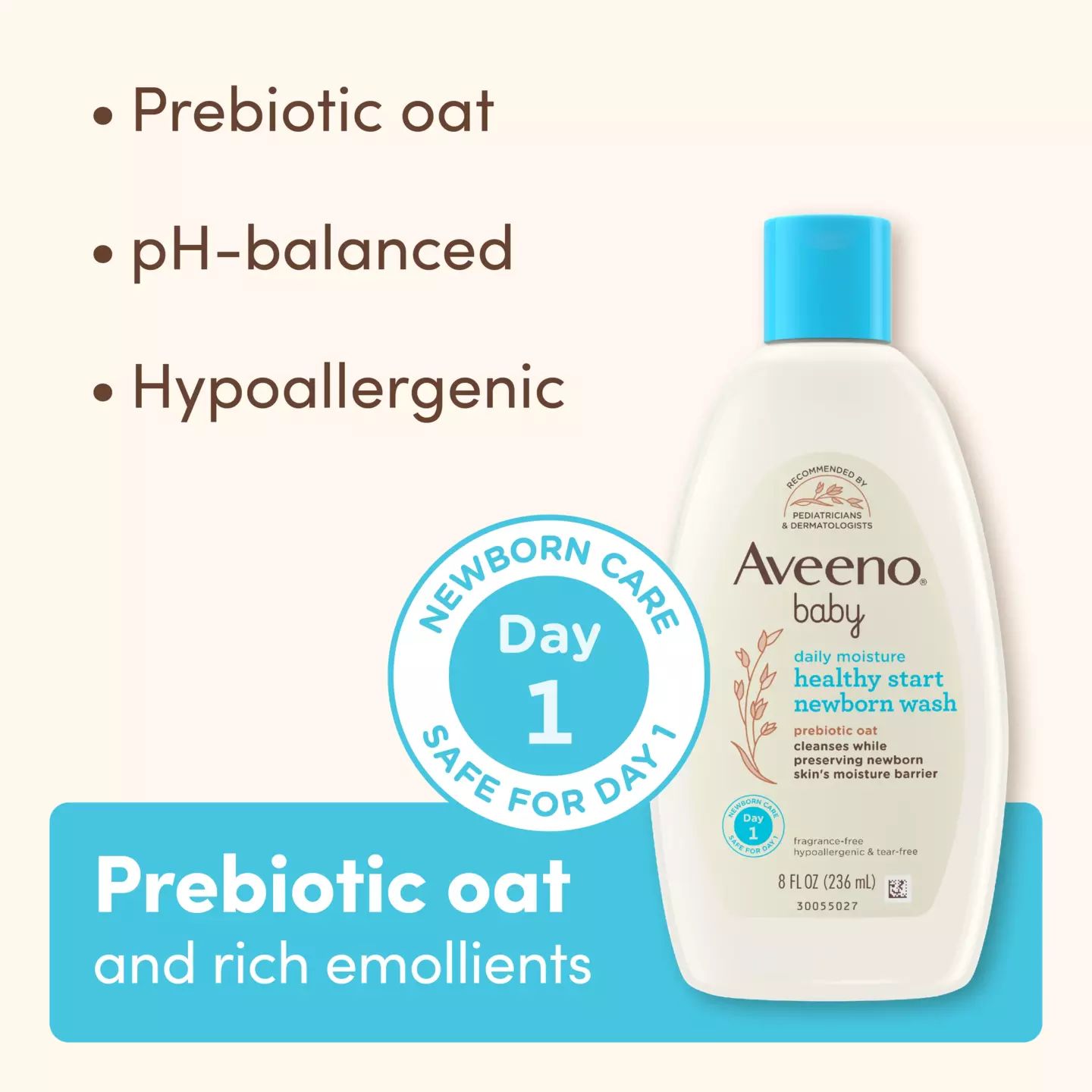 Image displays Aveeno Healthy Start Newborn Wash listing its main features: Prebiotic oat, pH-balanced, and Hypoallergenic