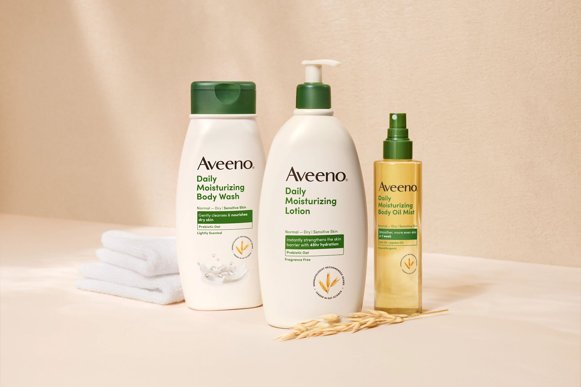 Banner image highlighting Aveeno® products, Daily Moisturizing Body Wash, Lotion and Oil Mist. A force of nature
