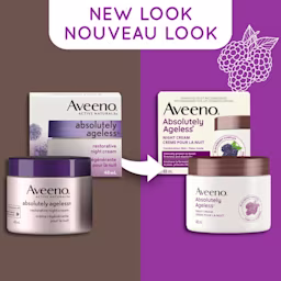 Ancien et nouvel emballage du pot de 48 ml de la crème pour la nuit AVEENO® Absolutely Ageless, avec la mention "nouveau look"