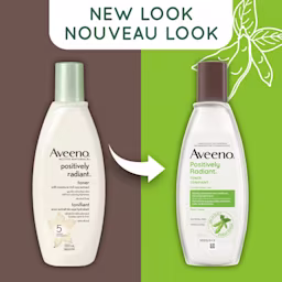 Old and new packaging of AVEENO® Positively Radiant Toner, 200 mL bottles, with text 'new look'