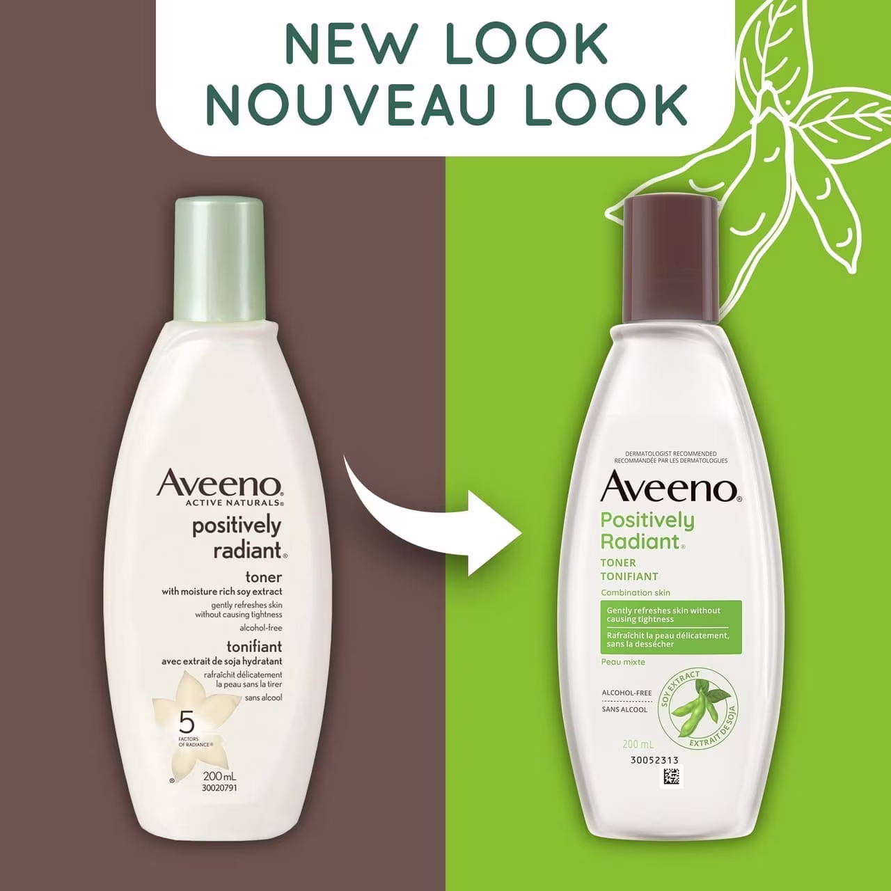 Old and new packaging of AVEENO® Positively Radiant Toner, 200 mL bottles, with text 'new look'