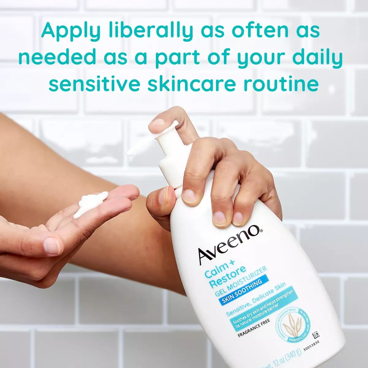 Aveeno® Calm + Restore Gel Moisturizer with text apply as part of a daily sensitive skincare routine