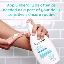 Aveeno® Calm + Restore Gel Moisturizer with text apply as part of a daily sensitive skincare routine