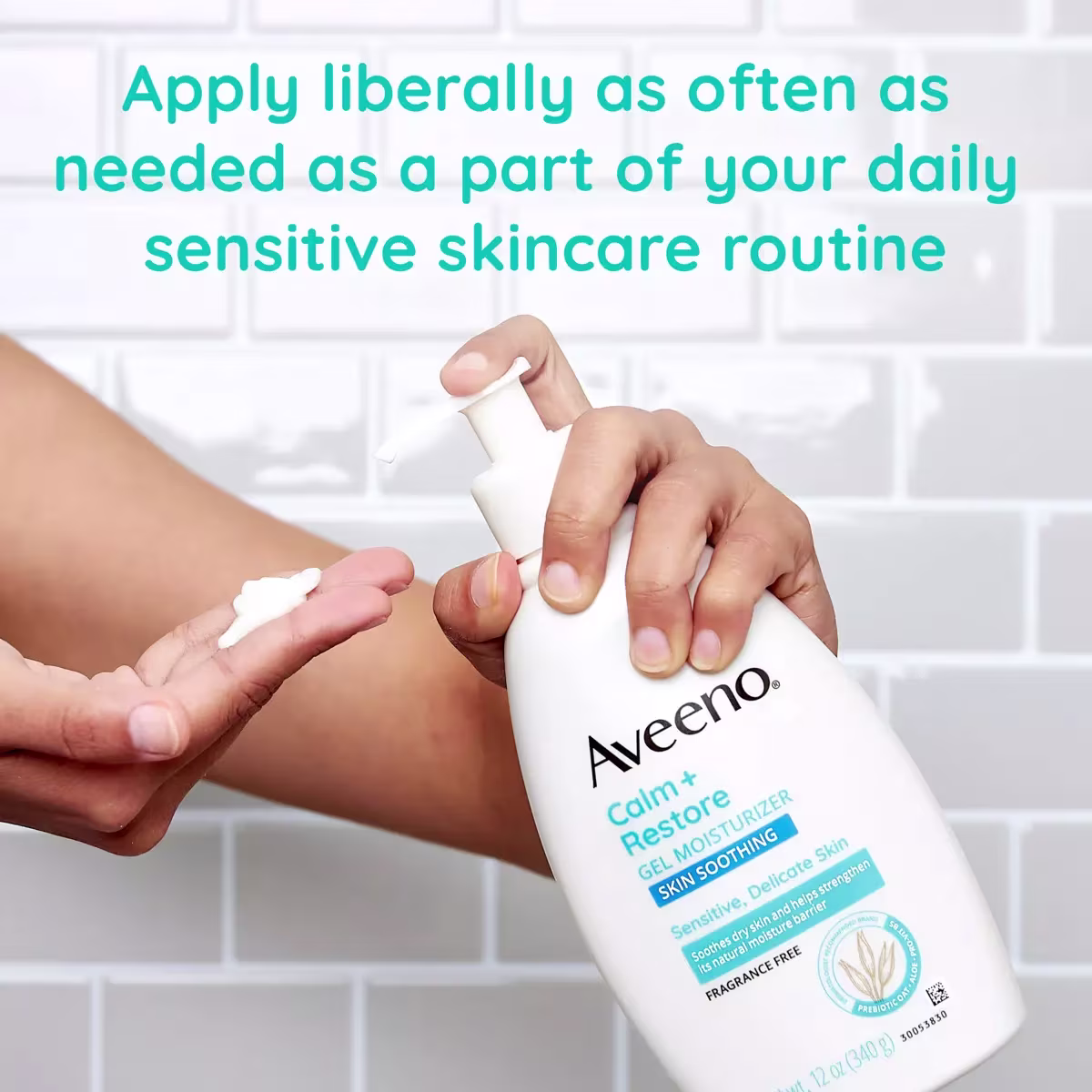 Aveeno® Calm + Restore Gel Moisturizer with text apply as part of a daily sensitive skincare routine