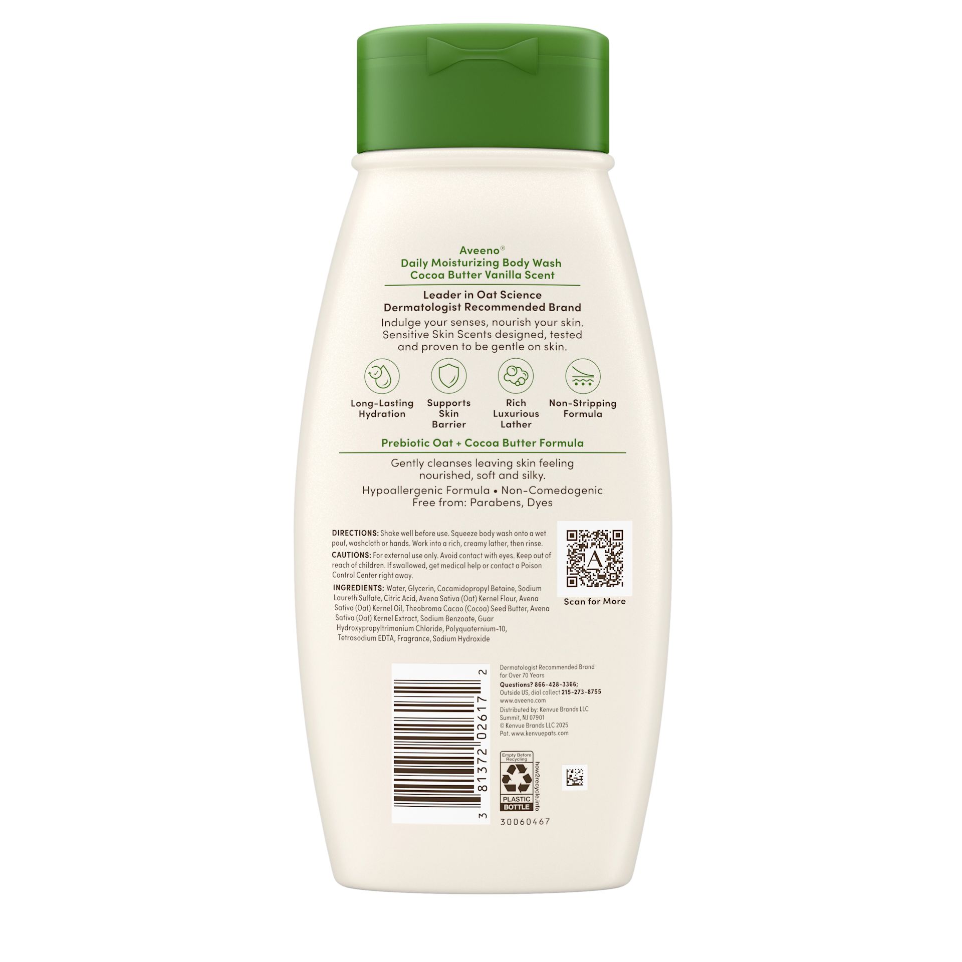 Back pack shot of Aveeno® Daily Moisturizing Body Wash, Cocoa Butter Vanilla Scent 18oz