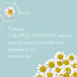 Feverfew flowers with a text, calming feverfew extract one nature most efficient for sensitive skin