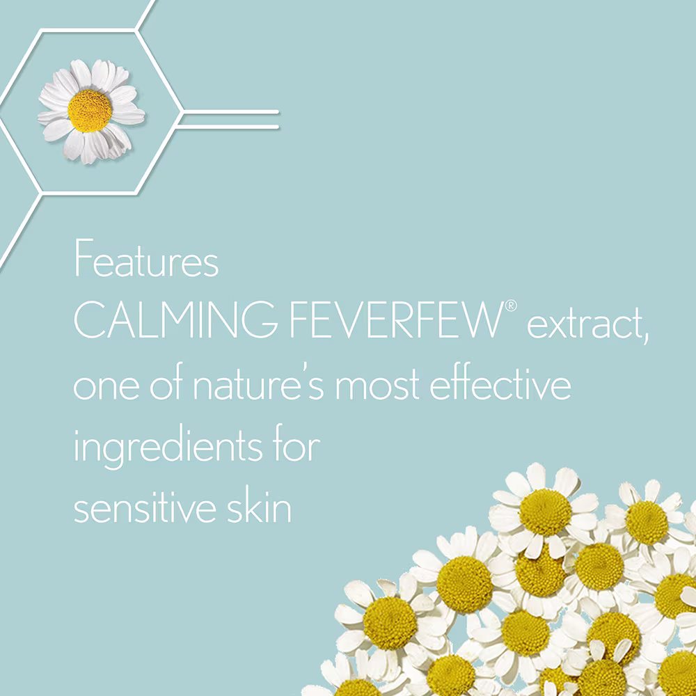 Feverfew flowers with a text, calming feverfew extract one nature most efficient for sensitive skin
