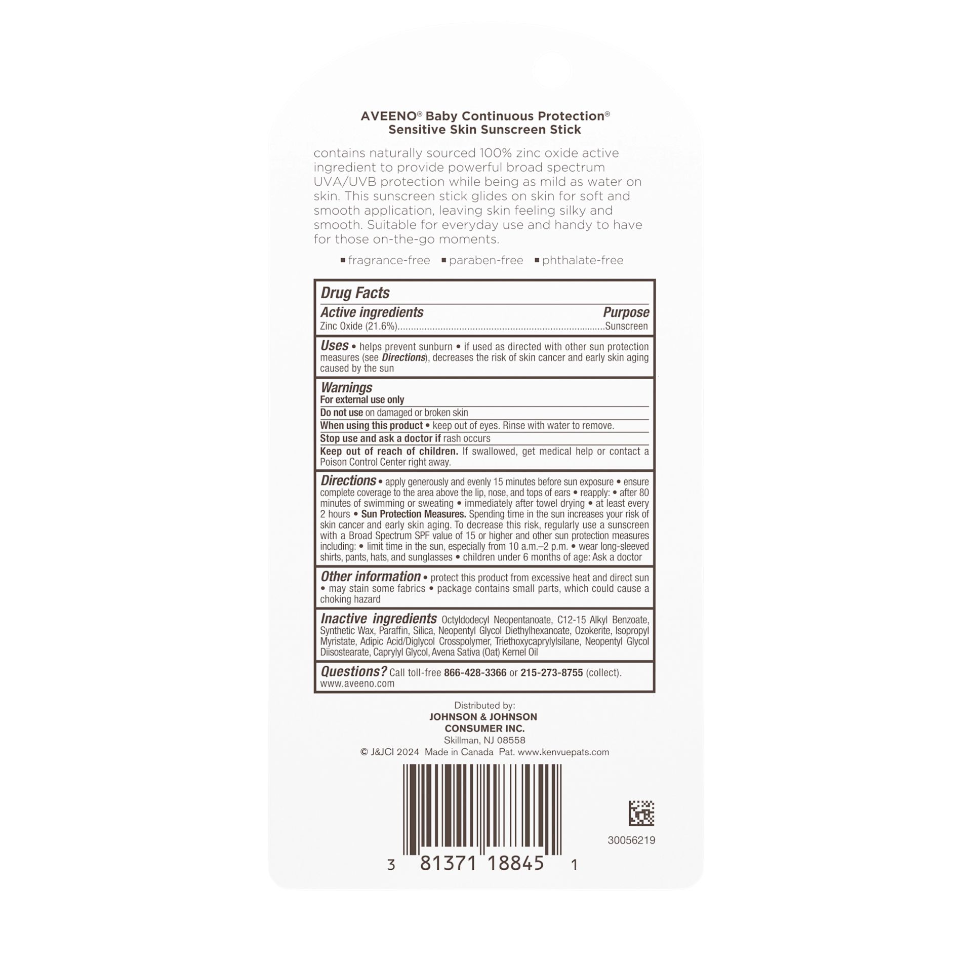 AVE USA US 381371188451 111884502 688111 Baby SS Sunscreen Stick SPF50 0p47oz 00180 copy Back packshot of Aveeno® Baby Continuous Protection® Sensitive Skin Face Stick Broad Spectrum SPF50
