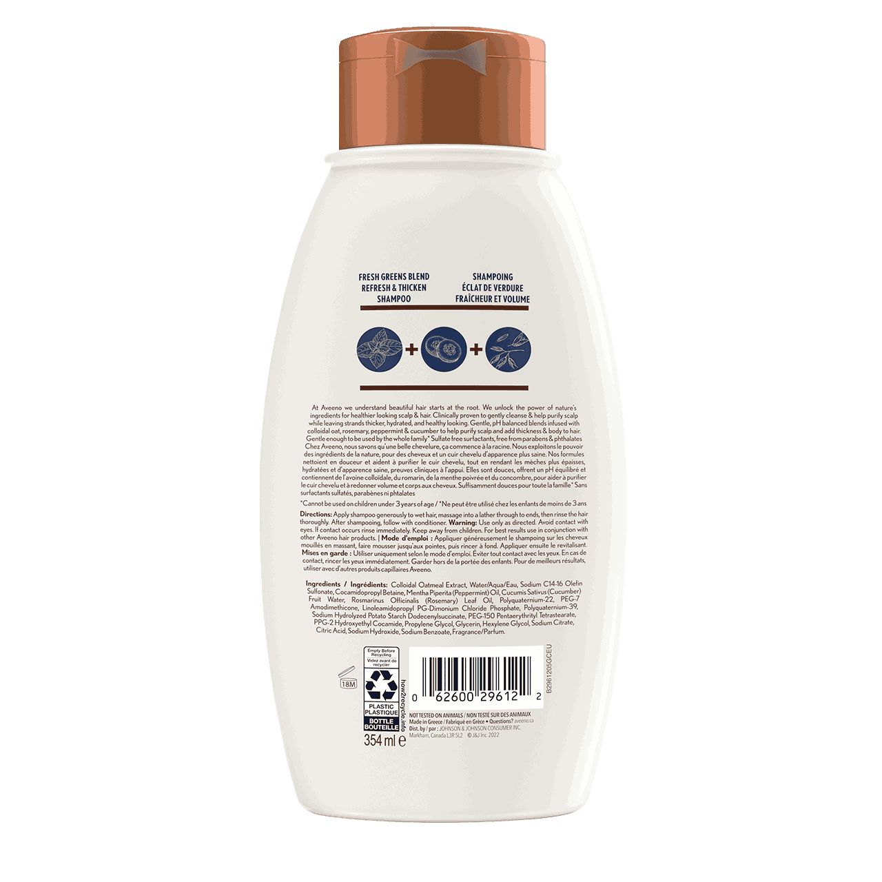 AVEENO® Fresh Greens Blend Shampoo, 354ml bottle, back label