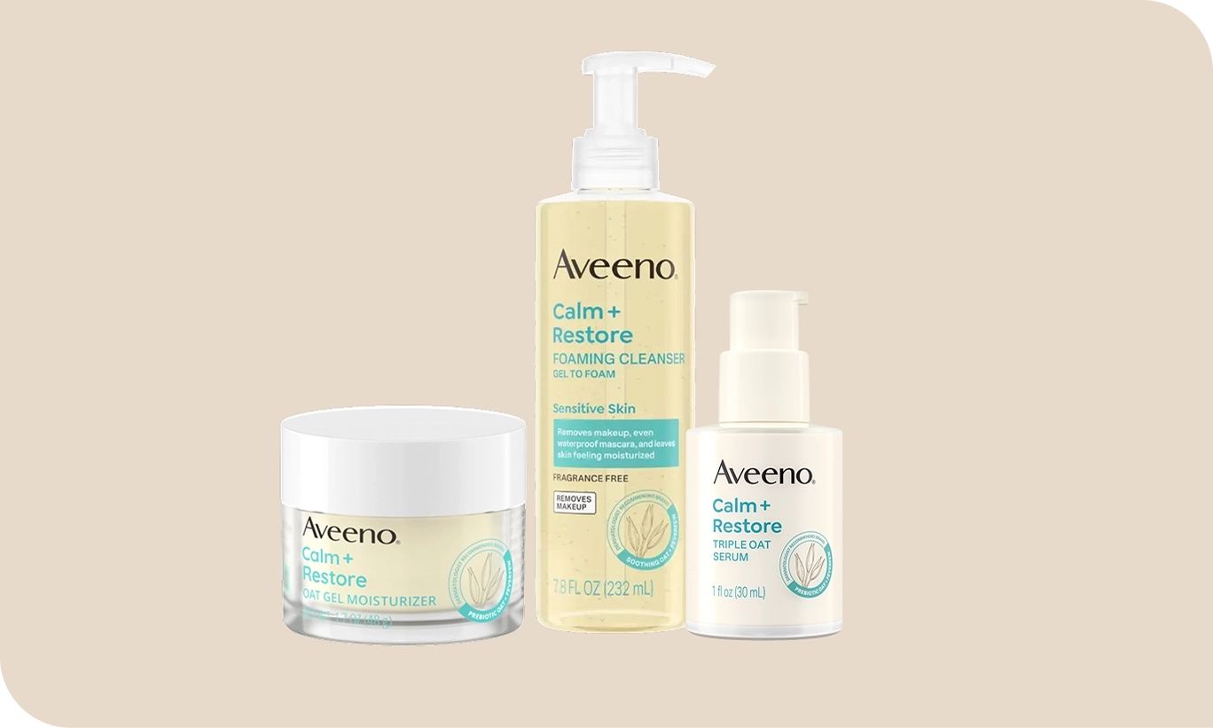 Image featuring Aveeno® Calm + Restore product line for sensitive skin.