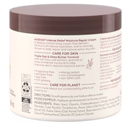 AVEENO® INTENSE RELIEF MOISTURE REPAIR CREAM - Image 2 - Aveeno - fr-CA Panneau arrière du pot de la crème hydratante réparatrice ultrasoins AVEENO®