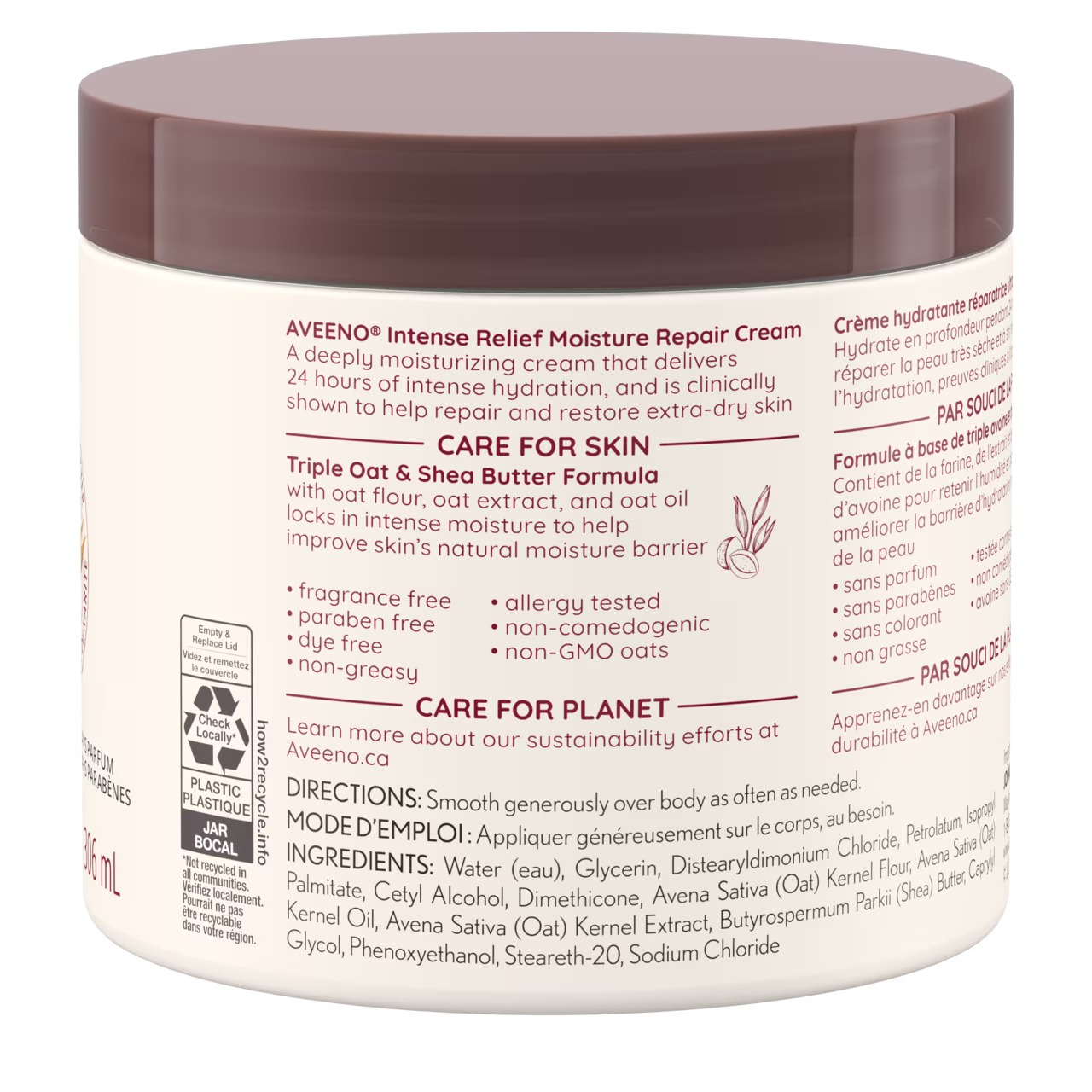 AVEENO® INTENSE RELIEF MOISTURE REPAIR CREAM - Image 2 - Aveeno - fr-CA Panneau arrière du pot de la crème hydratante réparatrice ultrasoins AVEENO®