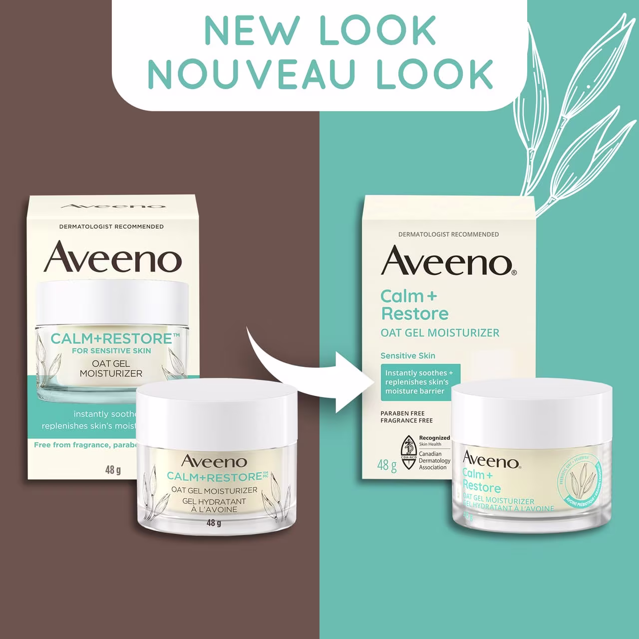 Old and new packaging of AVEENO® Calm + Restore Oat Gel Moisturizer, 48 g jar, with text 'new look'